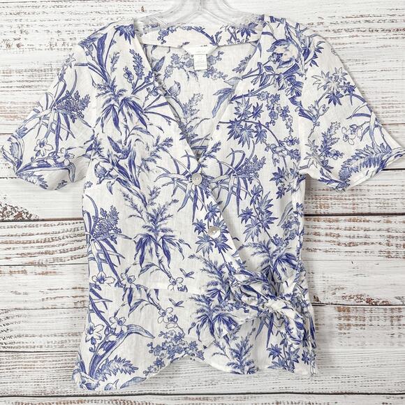 H&M Blue and White Floral Linen Wrapover Blouse, EUC, Size Small - Picture 5 of 13